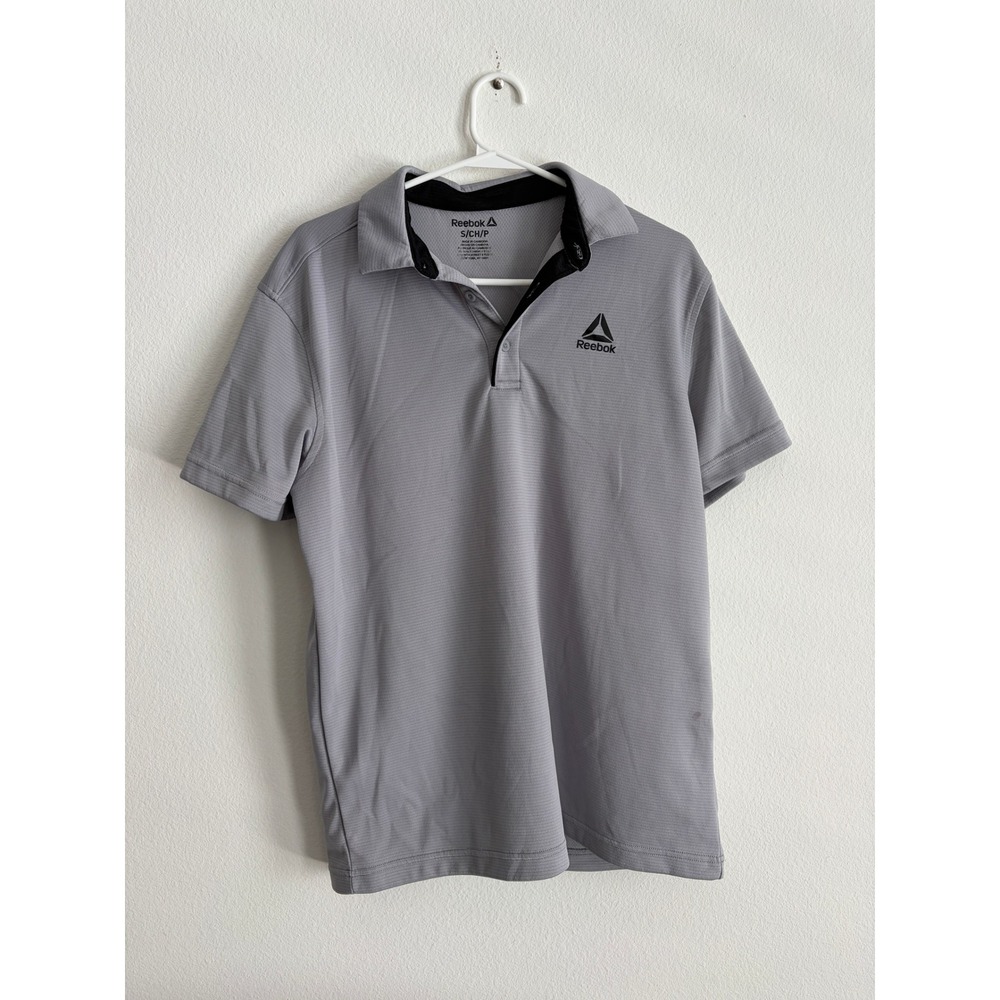 Reebok Mens Gray Short Sleeve Performance Polo Shirt Small Delta Logo Golf Gym